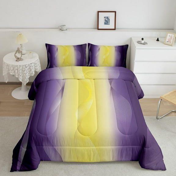 Gradient Yellow and Purple Bedding Set Ombre Twin Comforter Set ,Trippy Spiral Silver Wave Line Quilt,Abstract Art Room Decor Aesthetic