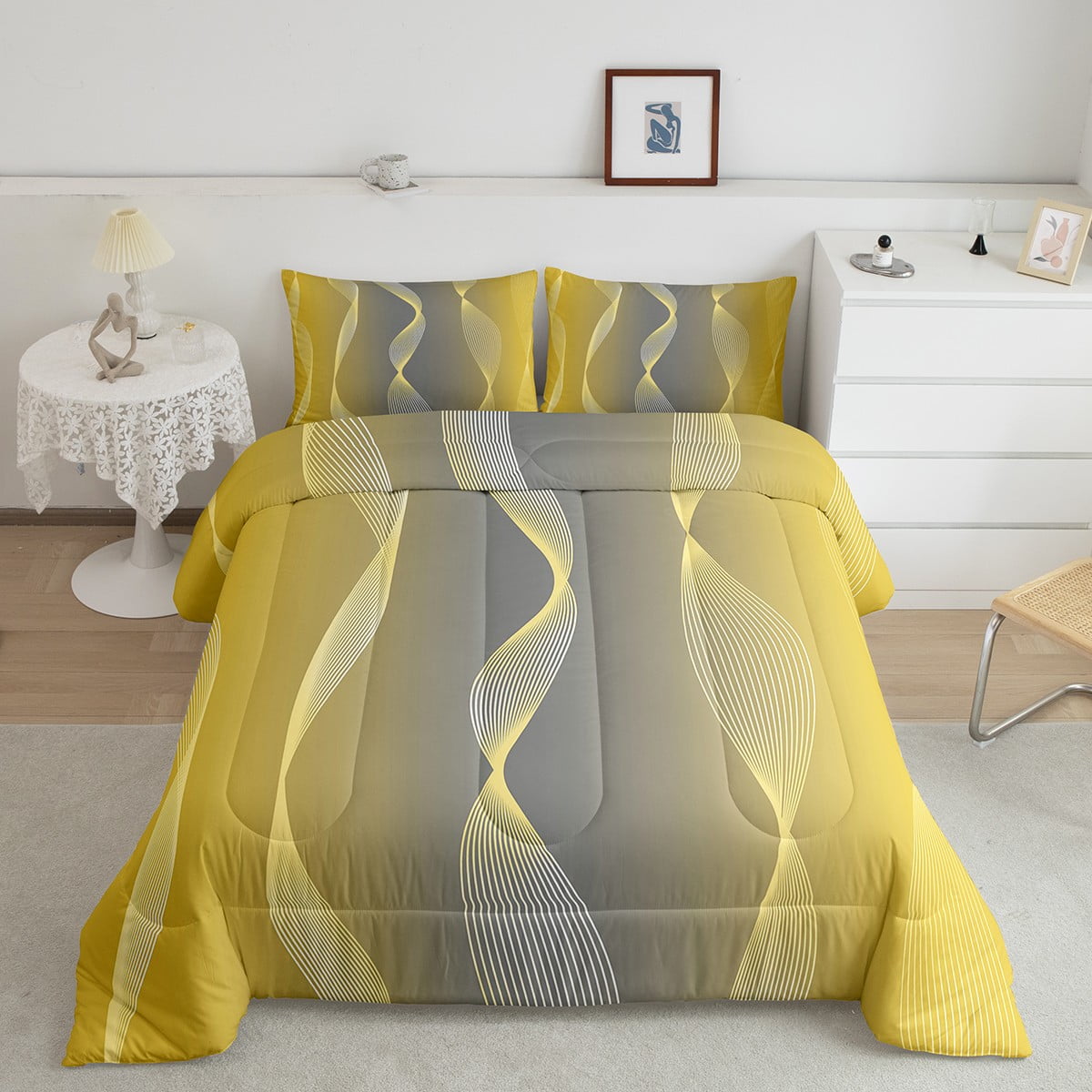 YST Gradient Yellow and Grey Comforter Set Full,Silver Foil Print Wave
