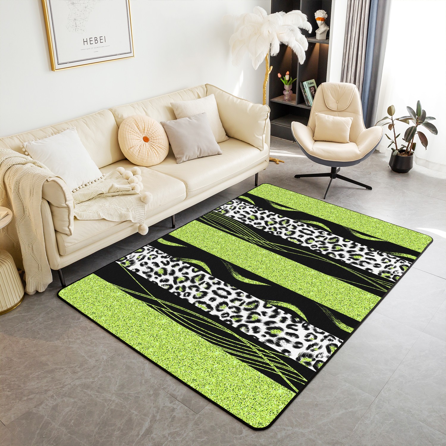 YST Grass Green Leopard Print Area Rug 5x7 for Bedside,Cheetah Skin
