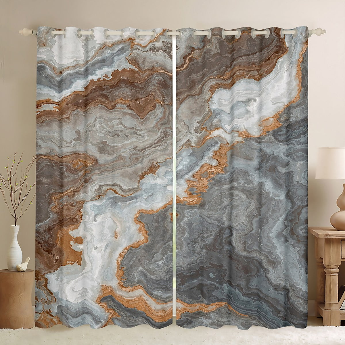 YST Gray Watercolor Curtains Brown Marbling Blackout Curtains, Mountain ...