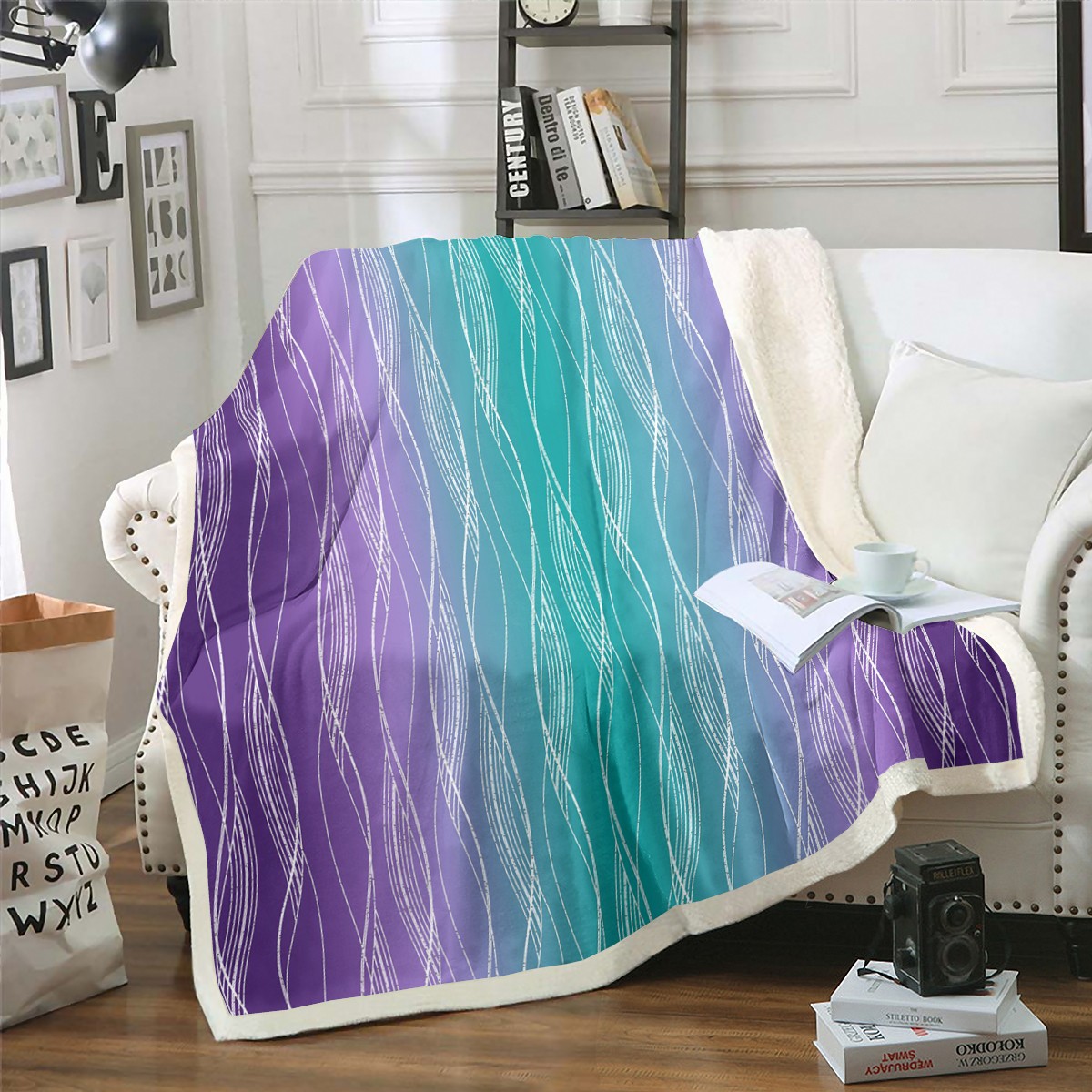 YST Green And Purple Sherpa Blanket Throw Green Lilac Lavender Violet Ombre Throw Blanket For Bed Couch Geometric Silver Stripe Fleece Blanket