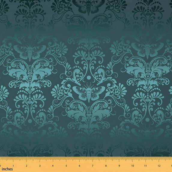 Erosebridal Green Blue Decorative Fabric by the Yard Butterfly and Floral Elements Oriental Antique Classcial Upholstery Fabric for Quilting Sewing Gothic Vintage Boho Waterproof DIY Fabric,1 Yard