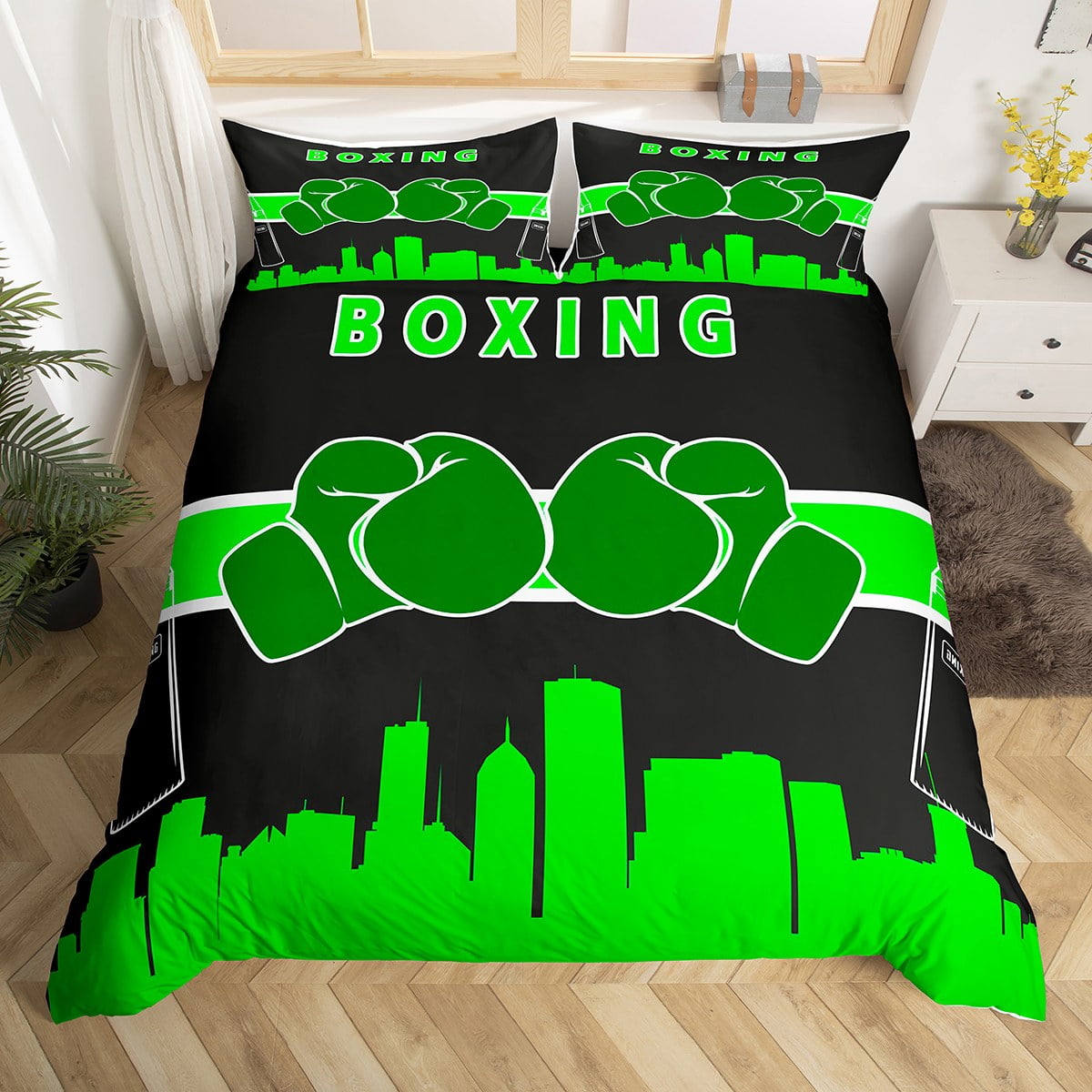 YST Green Boxing Gloves Bedding Set King Pugilism Game Comforter Cover