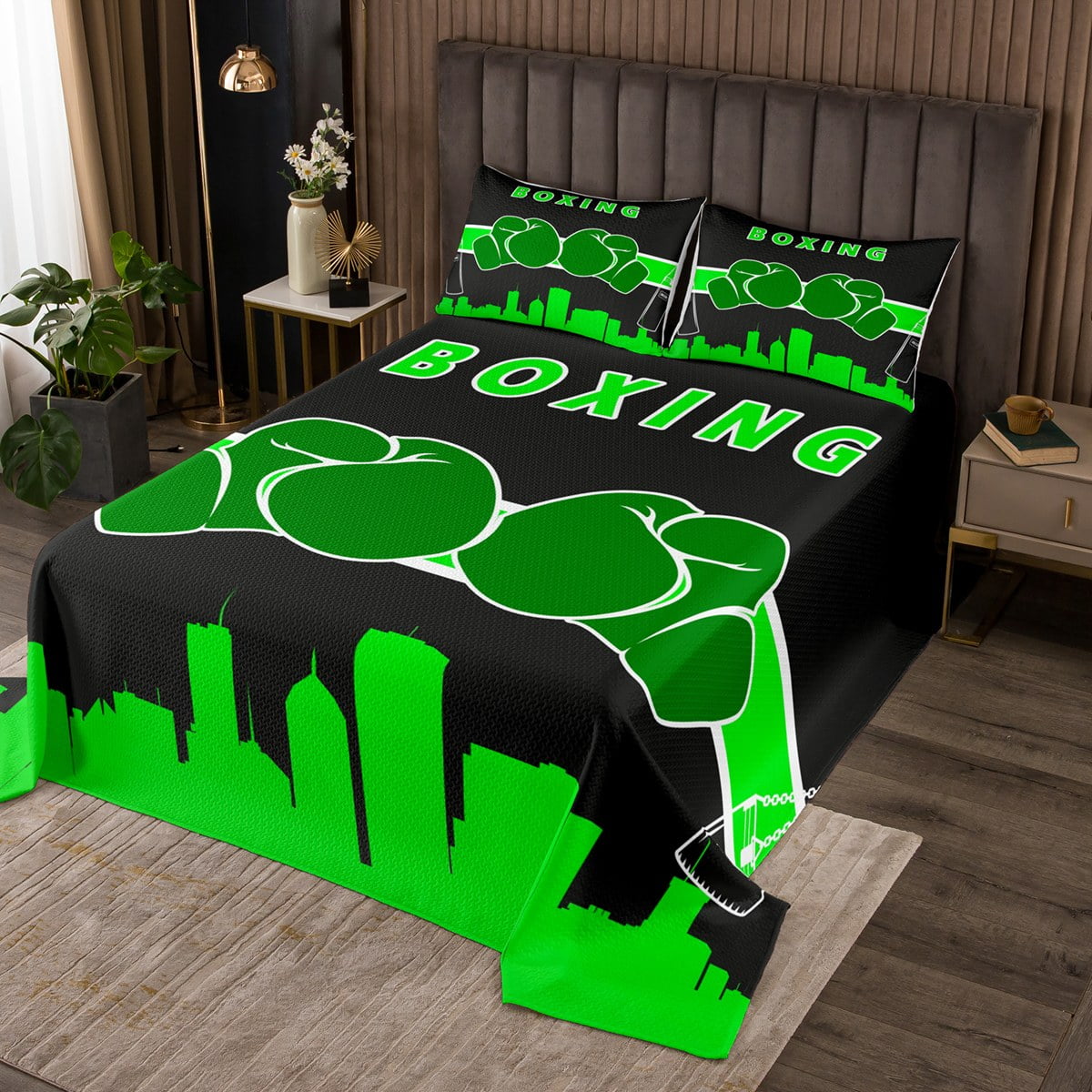 YST Green Boxing Gloves Queen Quilt Set Pugilism Game Coverlet Set for