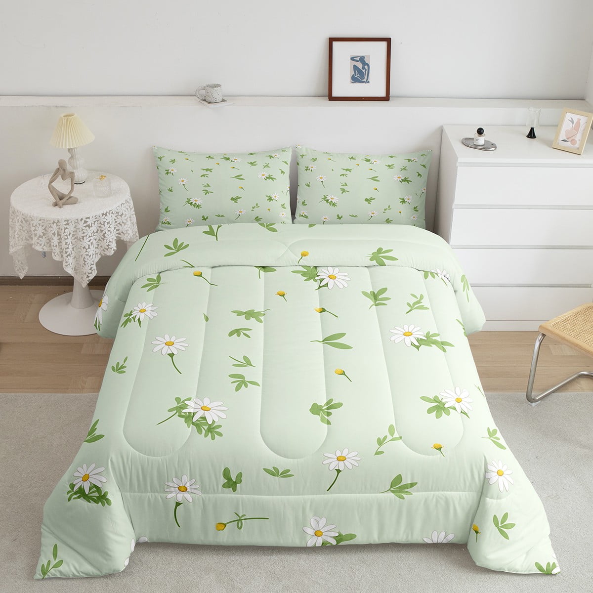 YST Green Daisy Bedding King Size 3Pcs Nature Floral Comforter Set