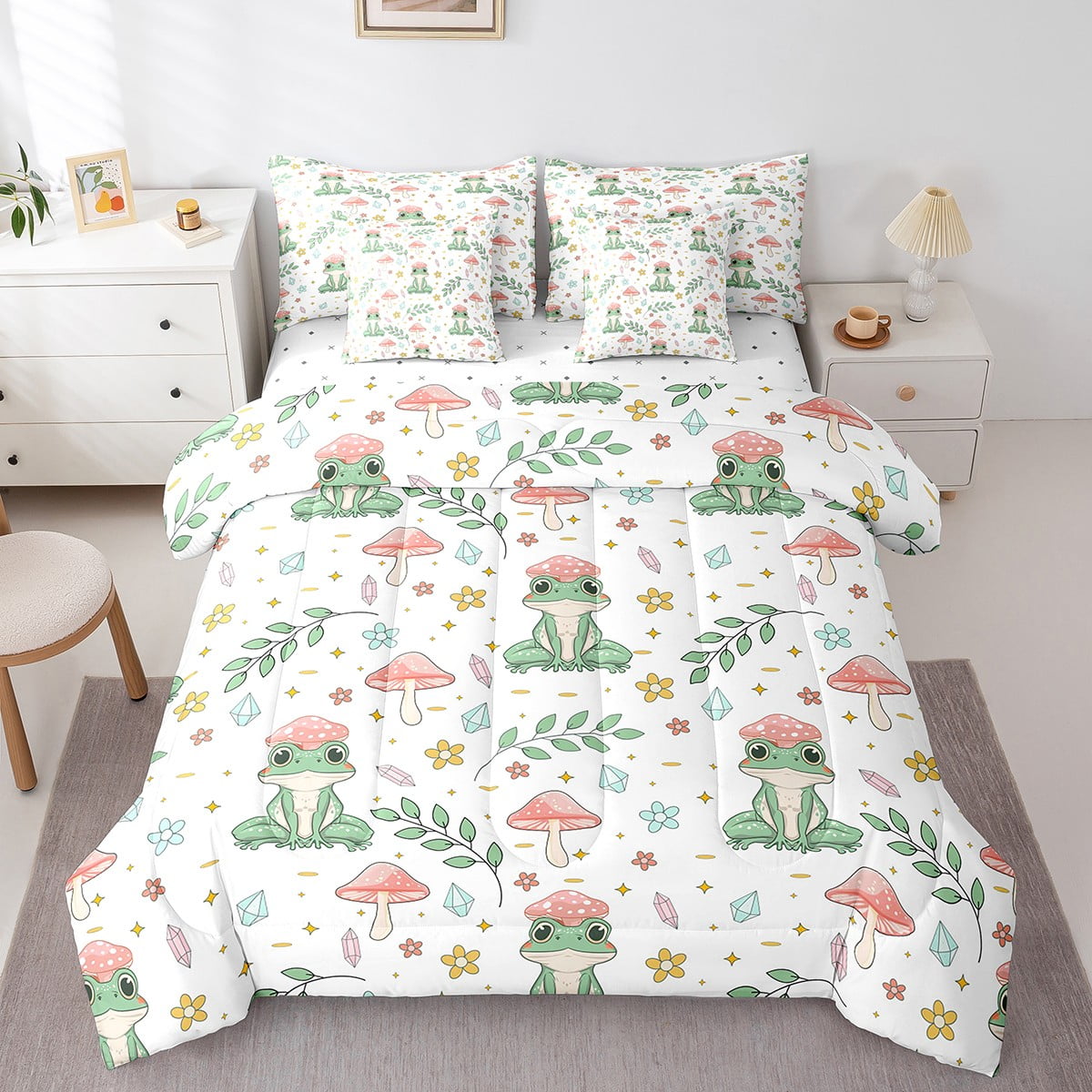 YST Green Frog Comforter Set Full Size 7 Pcs Pink Mushroom Bedding Set ...