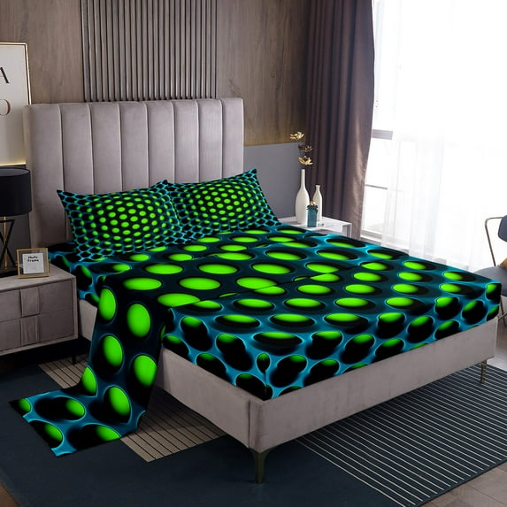 Erosebridal Green Geometric Bed Sheets Turquoise Honeycomb Bedding Sets King For Teen Men,3D Abstract Geometry Bed Sheet Set Geometrical Beehive Fitted Sheet + Flat Sheet + 2 Pillow Cases
