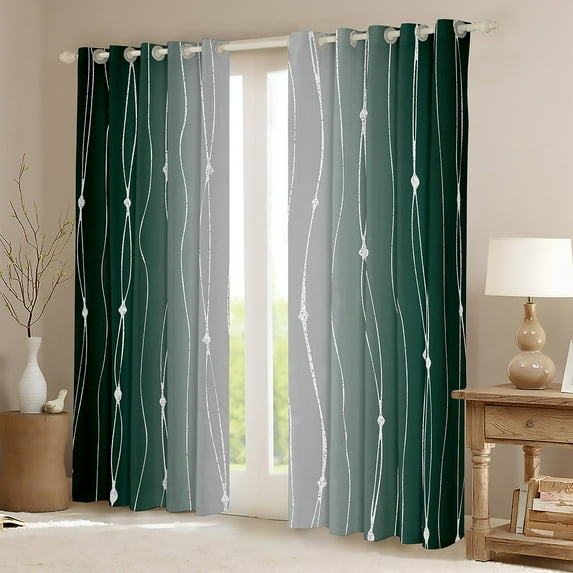 Green and Grey Gradient Curtains & Drapes Aesthetic Ombre Curtains, Emerald Watercolor 30%-50% Blackout Curtains Geometric Wave Window Curtains, Abstract Lines Living Room Curtains