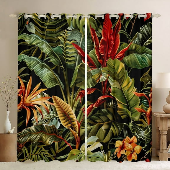 Green Leaf Plant Curtains,Tropical Botanical Leaves Curtains 30%-50% Blackout Adults,Jungle Forest Palm Leaf Curtains Hawaiian Style Nature Theme Window Curtains 2 Panels 52"Wx84"L