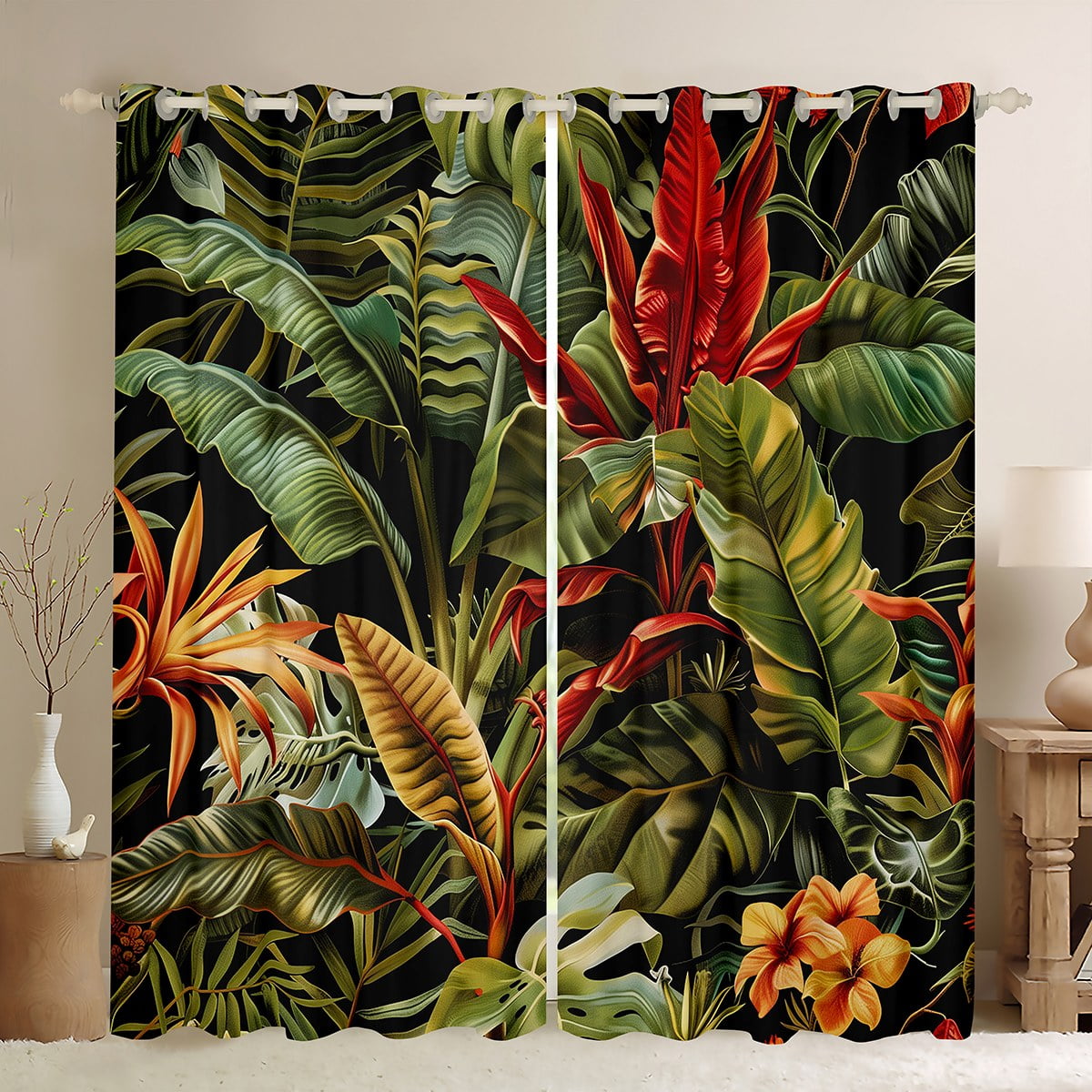 Green Leaf Plant Curtains,Tropical Botanical Leaves Curtains 30%-50% Blackout Adults,Jungle Forest Palm Leaf Curtains Hawaiian Style Nature Theme Window Curtains 2 Panels 52"Wx63"L