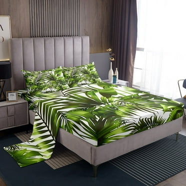 Erosebridal Green Leaves Bedding Twin Size Palm Tree Printed Bed Sheets Set, White and Green Sheet Set Tropical Jungle Sheets, Botanical Plants Theme Top Sheet Cozy for All Seasons