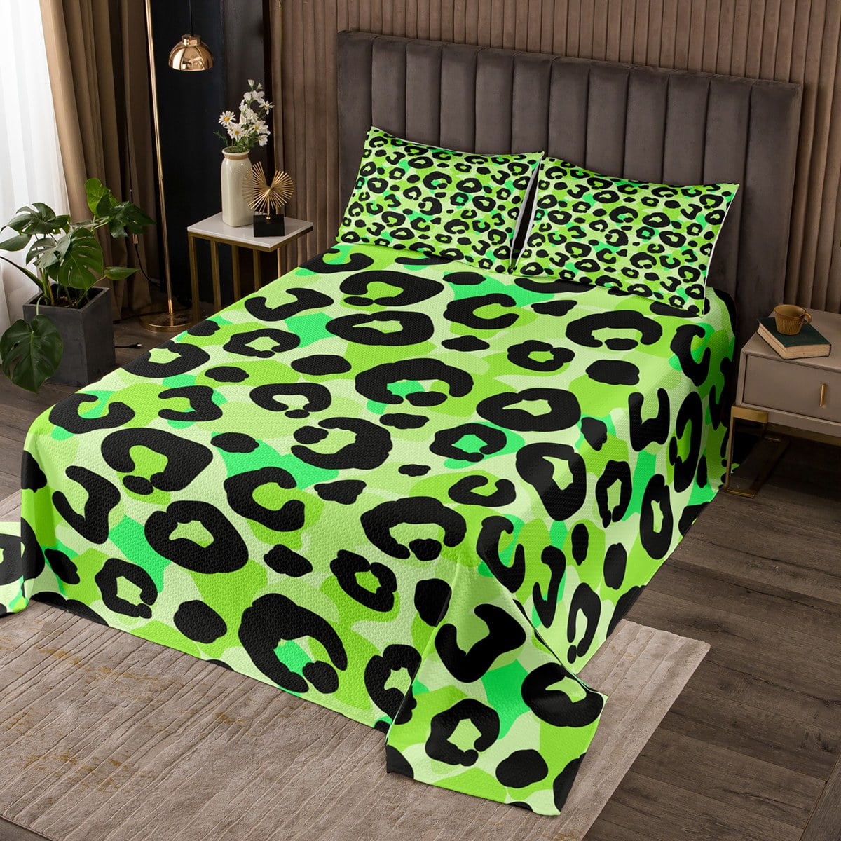 YST Green Leopard Print Bedspread Queen Size Cheetah Print Quilt Set