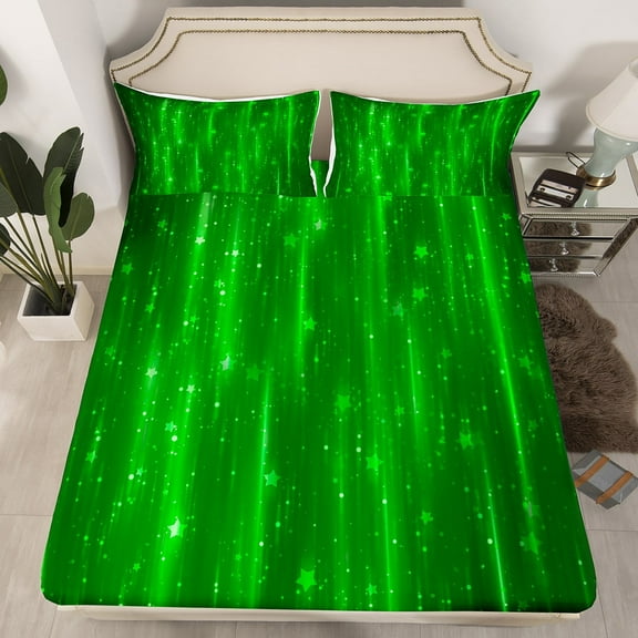 Green Ombre Bedding Twin Size Gradient Bed Sheets,Sparkling Stars Fitted Sheet Aesthetic Glowing Bed Set,Modern Abstract Neon Sheet(Deep Pocket)