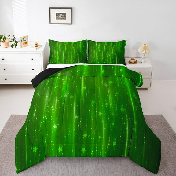 Green Ombre Twin Size Comforter Set Gradient Bedding Set , Sparkling Stars Down Comforter Aesthetic Glowing Bed Set, Modern Abstract Neon Quilted Duvet