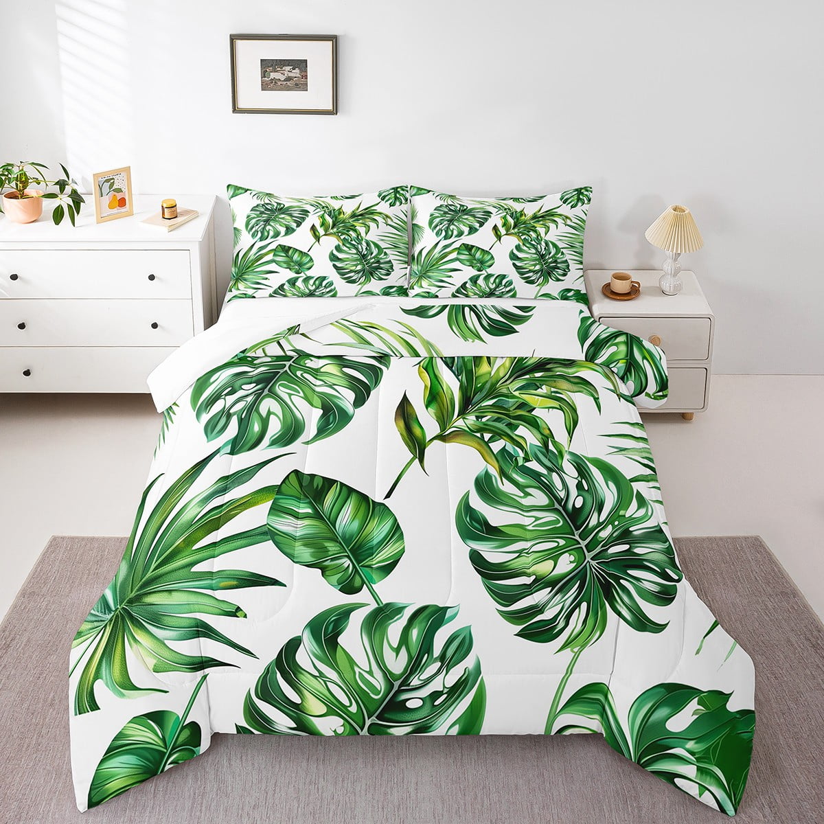 Green Palm Leaf King Comforter Set,Tropical Botanical Plant Bedding Set ...