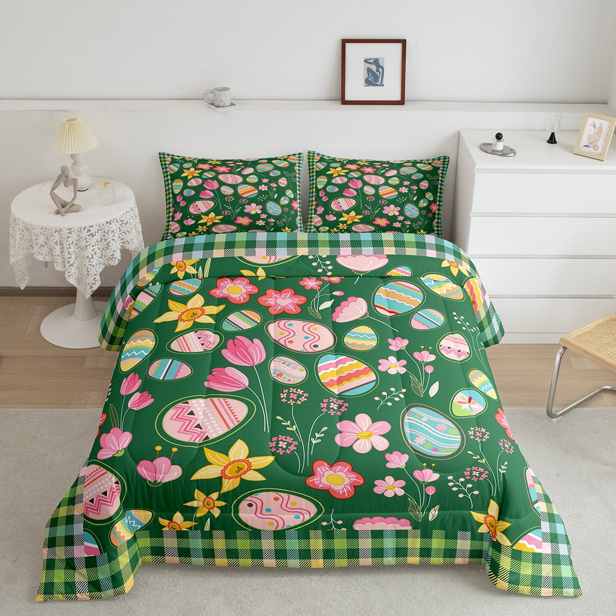 YST Green Plaid Easter Bedding Set Twin Size,Easter Eggs Down Comforter