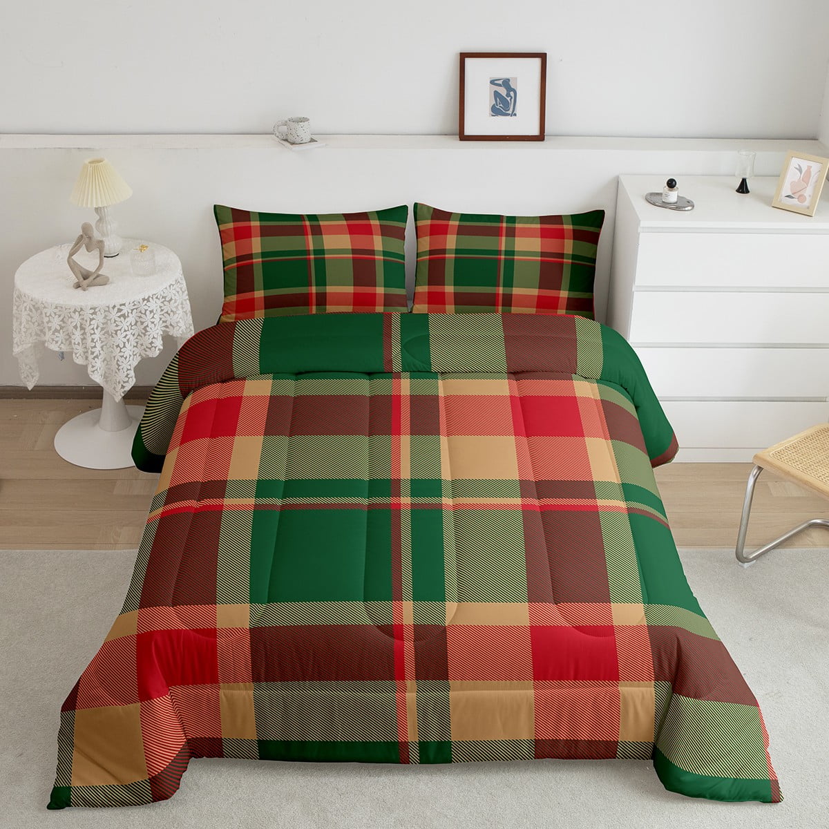 YST Green Red Plaid Queen Comforter Set, 3 Pieces Buffalo Check Plaid