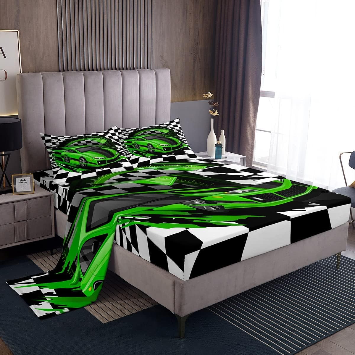 YST Green Sports Car Bed Sheets Set for Boys King Size Cool Race Car