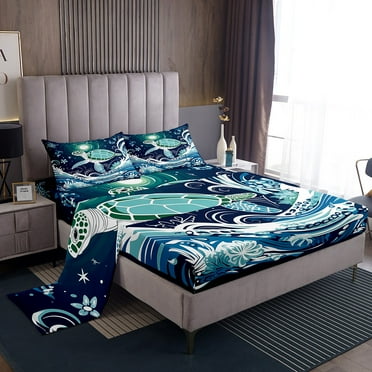Green Turtle Bed Sheets Adult,Bohemian Tortoise Sheet Set Twin,Blue White Sea Wave Fitted Sheet,Glitter Starts Floral Plants Print Bedding Set 3pcs Lightweight