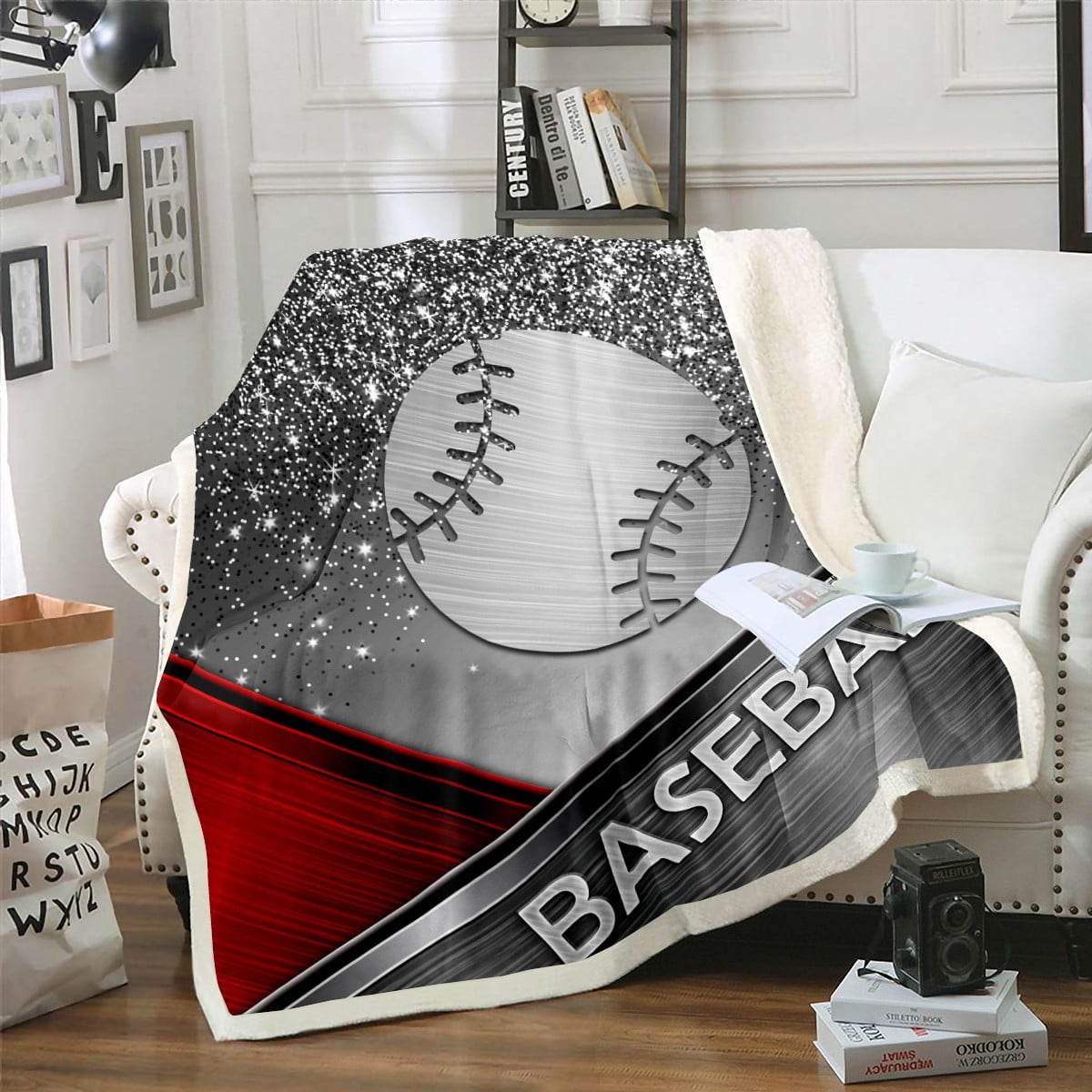 YST Grey Baseball Throw Blanket for Couch Girly Glitters Fleece Blanket