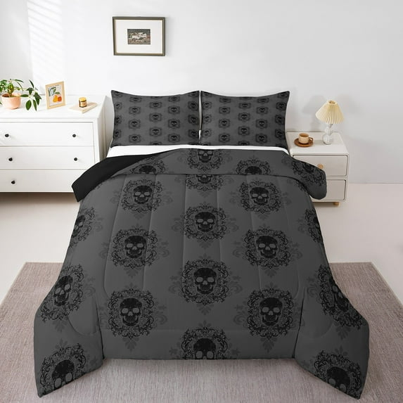 Grey Black Damask Comforter Set,Sugar Skull Bedding Set Full Halloween Skeleton Bones Quilt Teens Adult,Gothic Spooky Bohemian Exotic Duvet Insert,2 Pillow Cases