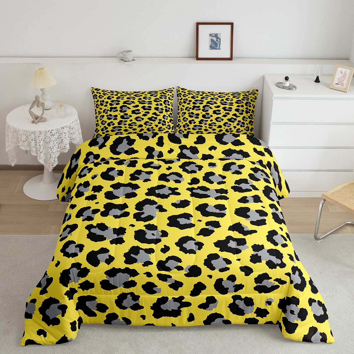 YST Grey Cheetah Print Bedding Set Queen Yellow Animal Print Comforter Set, Safari Leopard Duvet