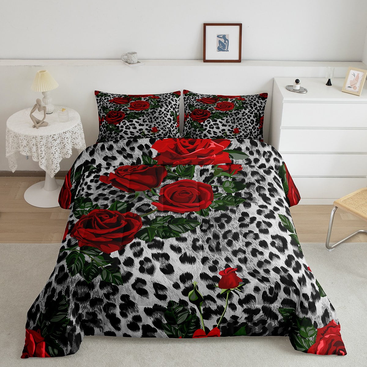 YST Grey Cheetah Print Comforter King Red Rose Flower Bedding Set