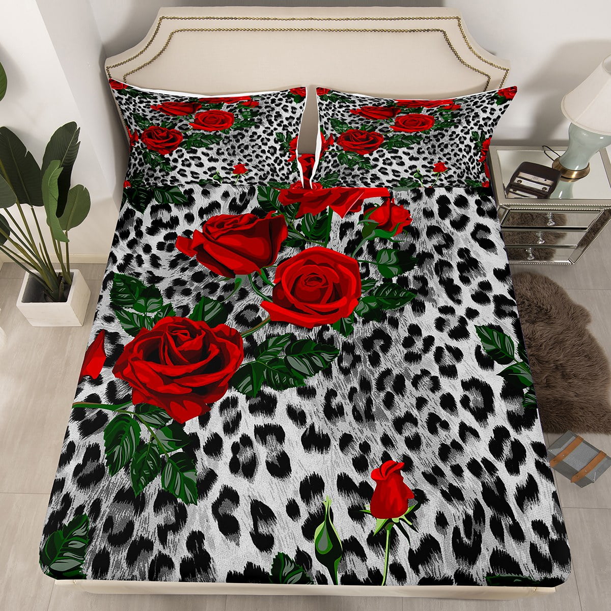 Yst Grey Cheetah Print Full Fitted Sheet Red Rose Flower Sheets 