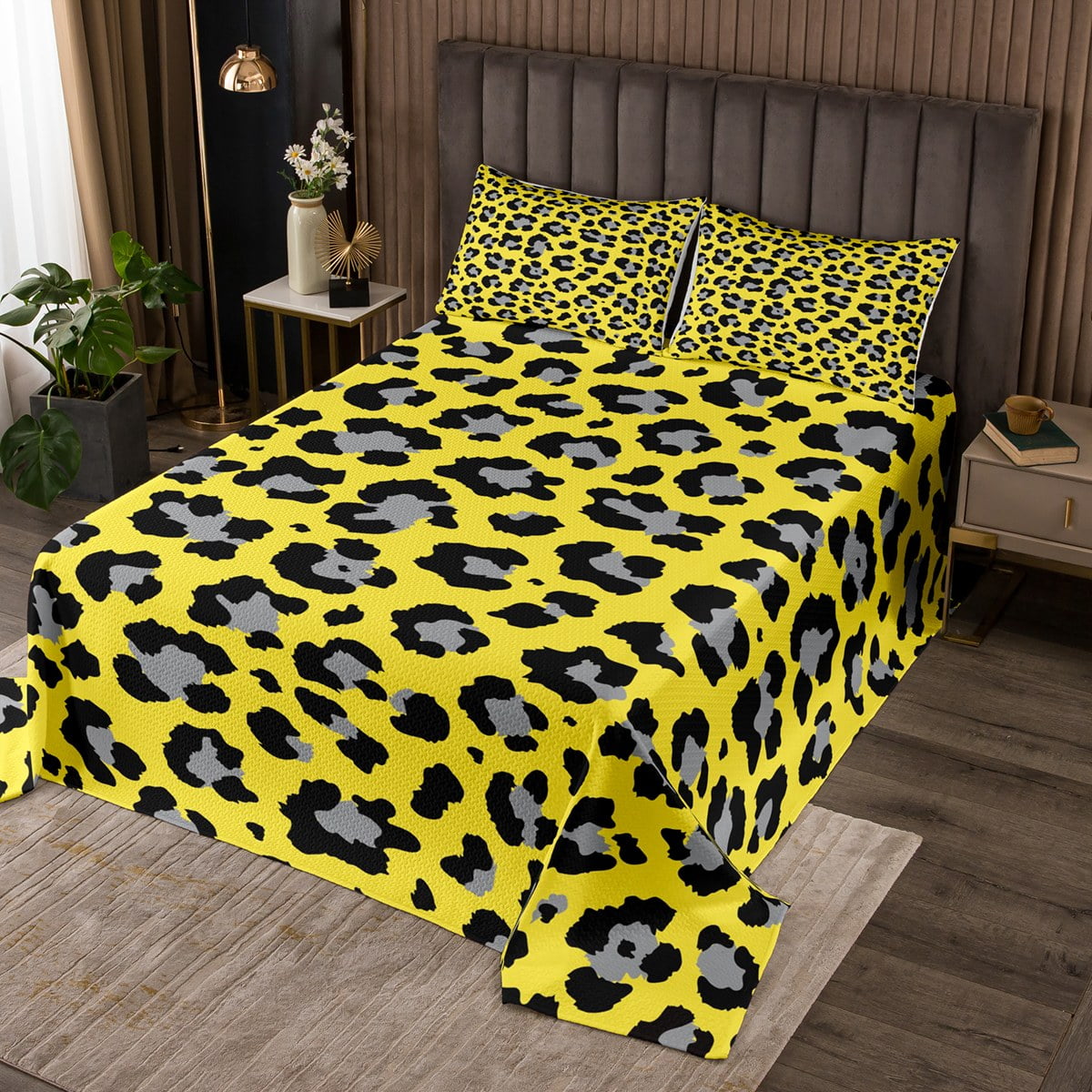 YST Grey Cheetah Print King Quilt Set Yellow Animal Print Coverlet Set