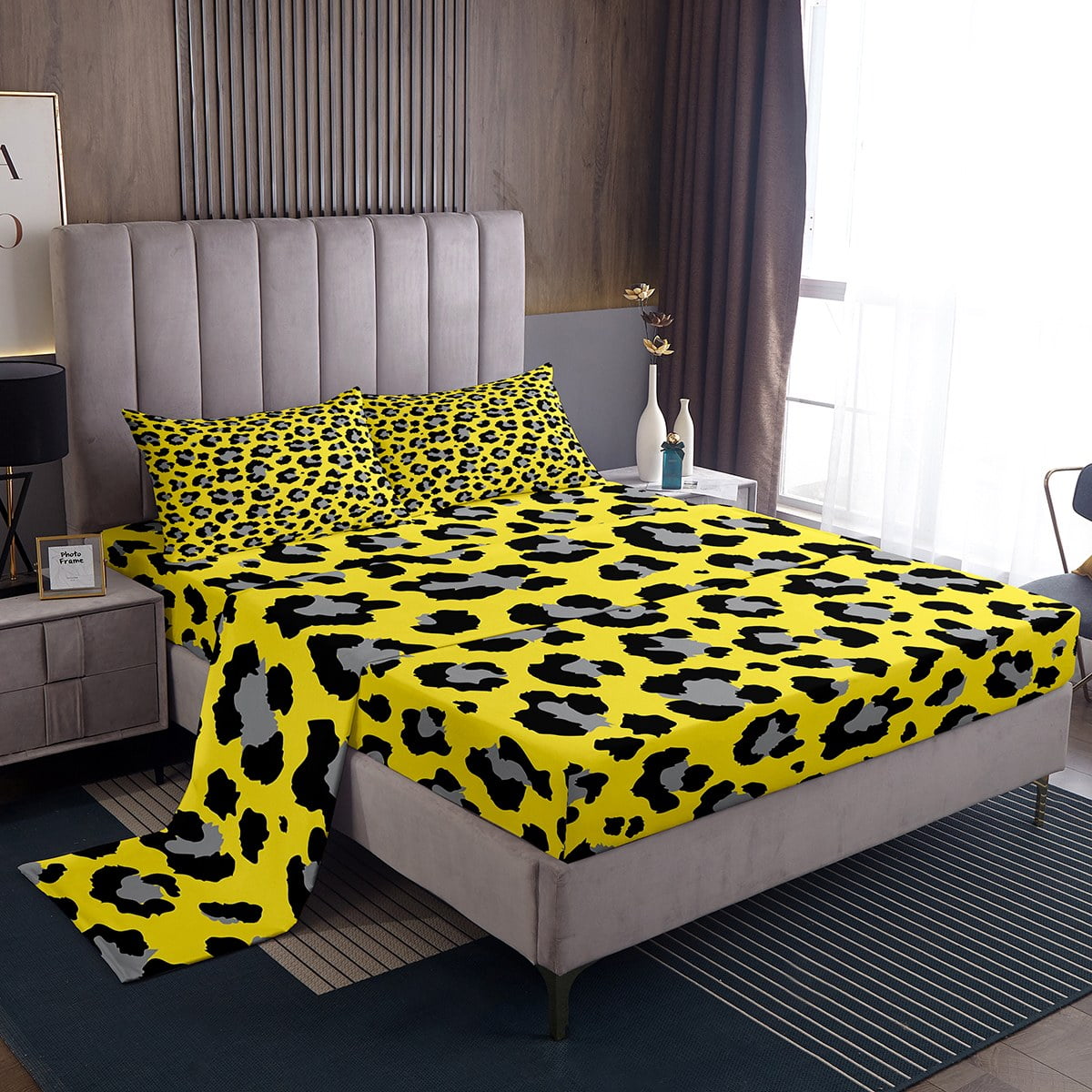 YST Grey Cheetah Print Twin Sheets Yellow Animal Print Bed Set, Safari