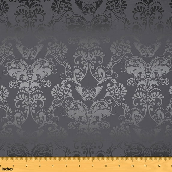 Grey Damask Fabric By The Yard,Exotic Butterfly Upholstery Fabric,Bohemian Butterflies Floral Print Decorative Fabric,Gothic Style Indoor Outdoor Fabric,Black Grey,3 Yards