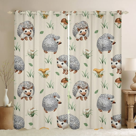 Erosebridal Grey Hedgehog Blackout Curtains Cute Kawaii Animal Curtains & Drapes, Hippie Mushroom Curtains Woodland Black Out Curtains, Green Grass Leaf Window Drapes