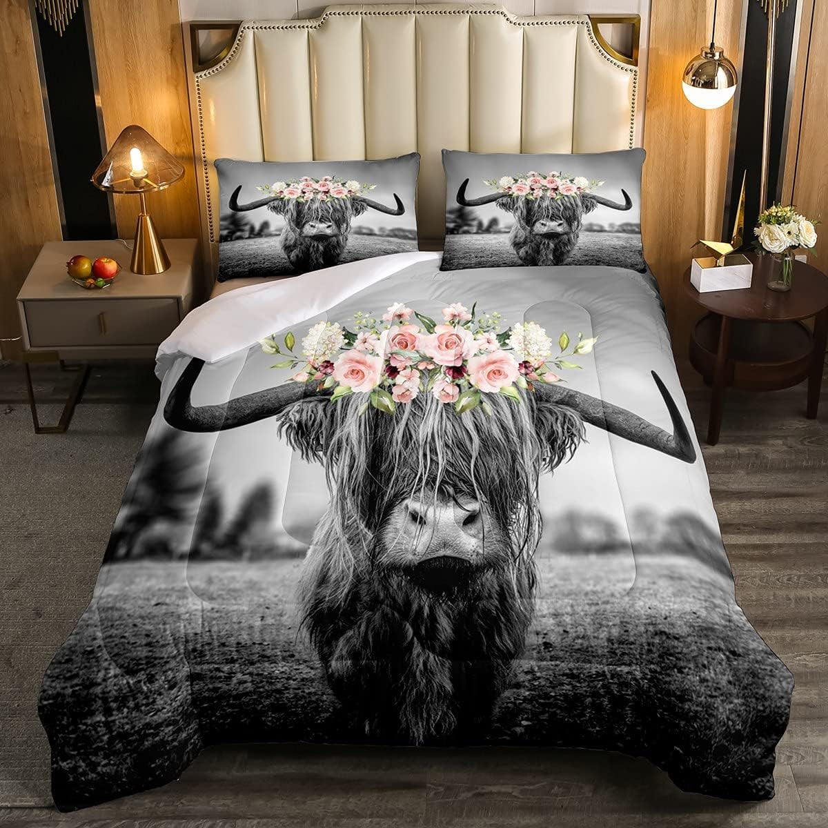 YST Grey Highland Cow Down Comforter King Kids Rose Floral Bull Cattle