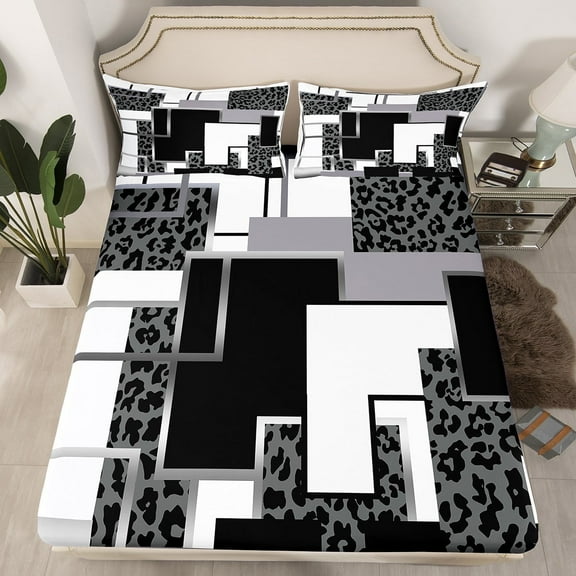 Grey Leopard Print Bed Sheets Queen Black Silver Gray Abstract Geometric Bedding Set Grid Cheetah Fitted Sheet For Adults,Wildlife Animal Buffalo Check Fitted Bed Sheets(No Top Sheet)