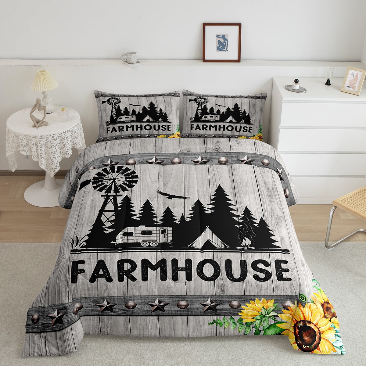 YST Grey Lodge Cabin Comforter Set Queen Rustic Farmhouse Bedding Set