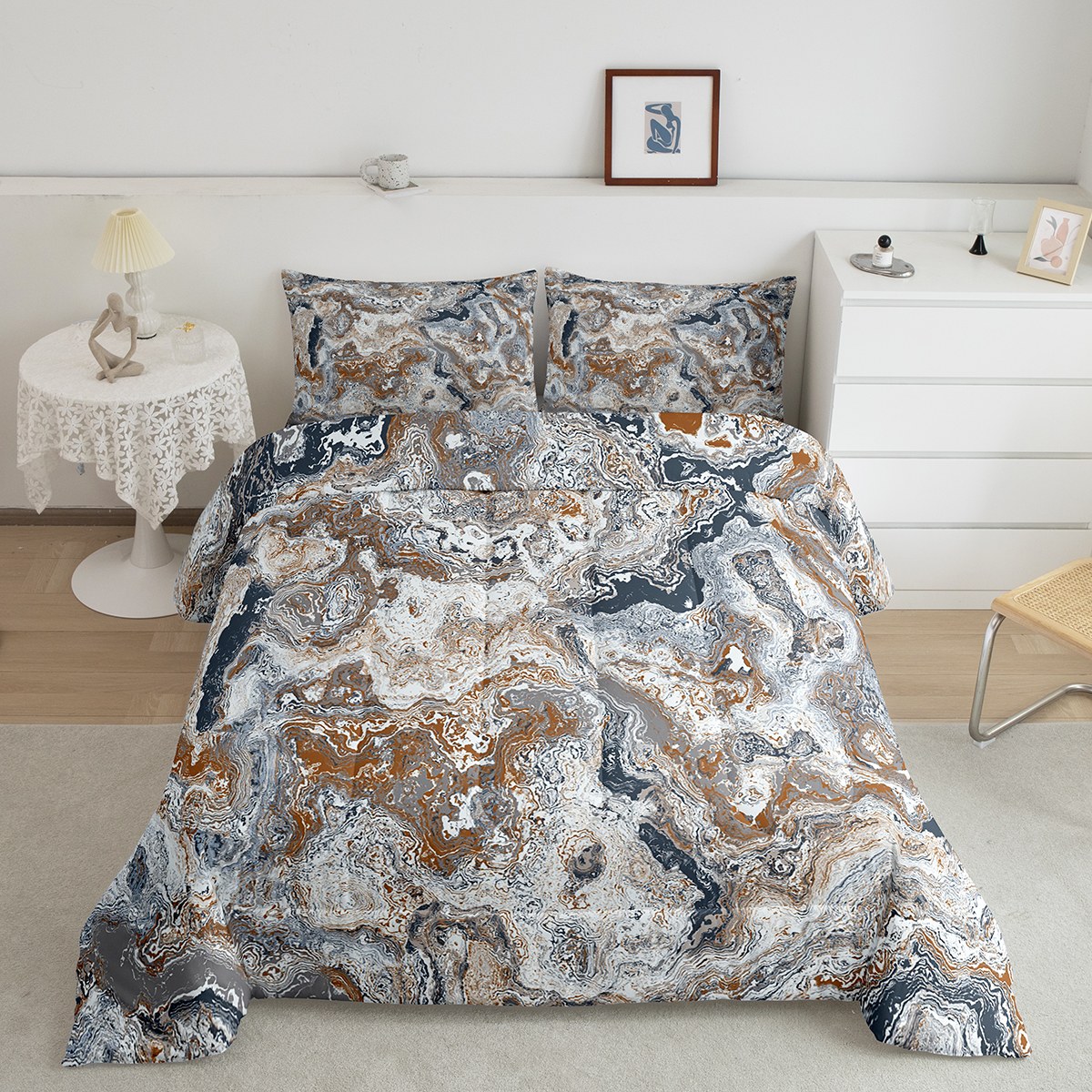 YST Grey Marble Comforter Set Queen Gray Navy Watercolor Bedding Set