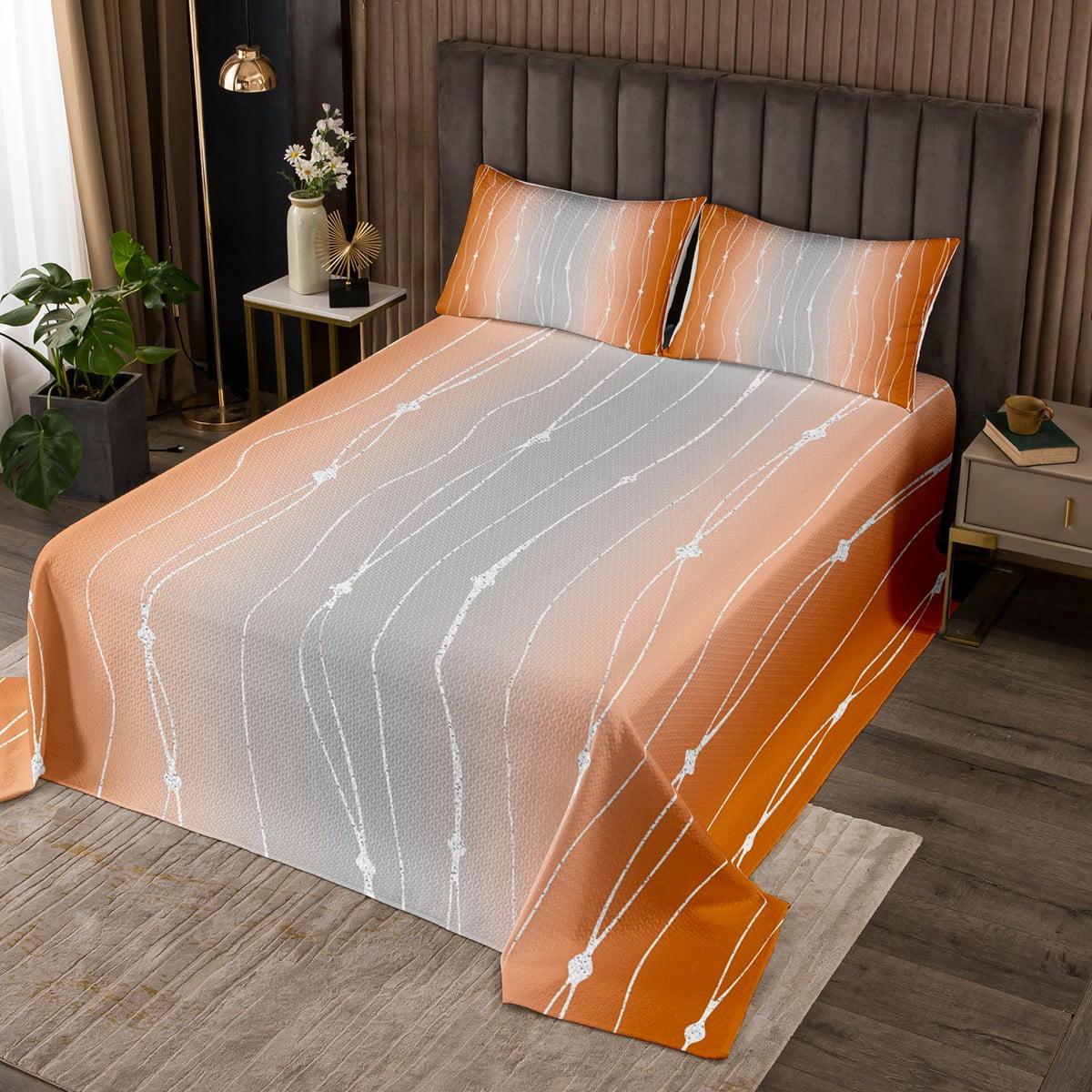 YST Grey and Orange Watercolor Bedspread King Size Wave Stripe and Dots