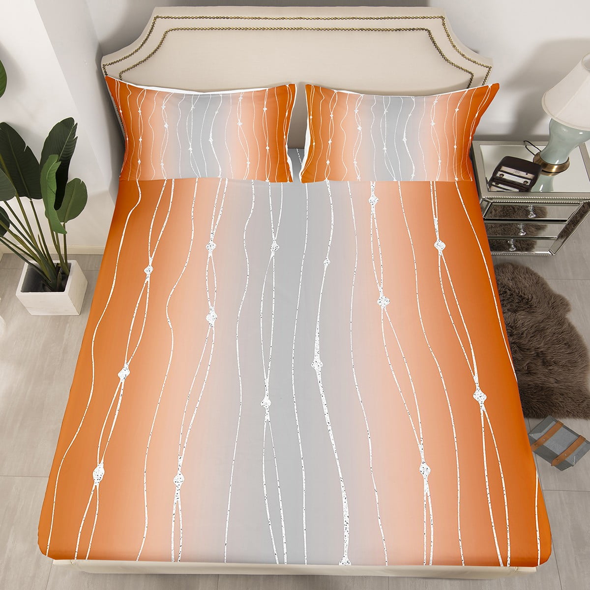 YST Grey and Orange Watercolor Twin Fitted Sheet Wave Stripe and Dots