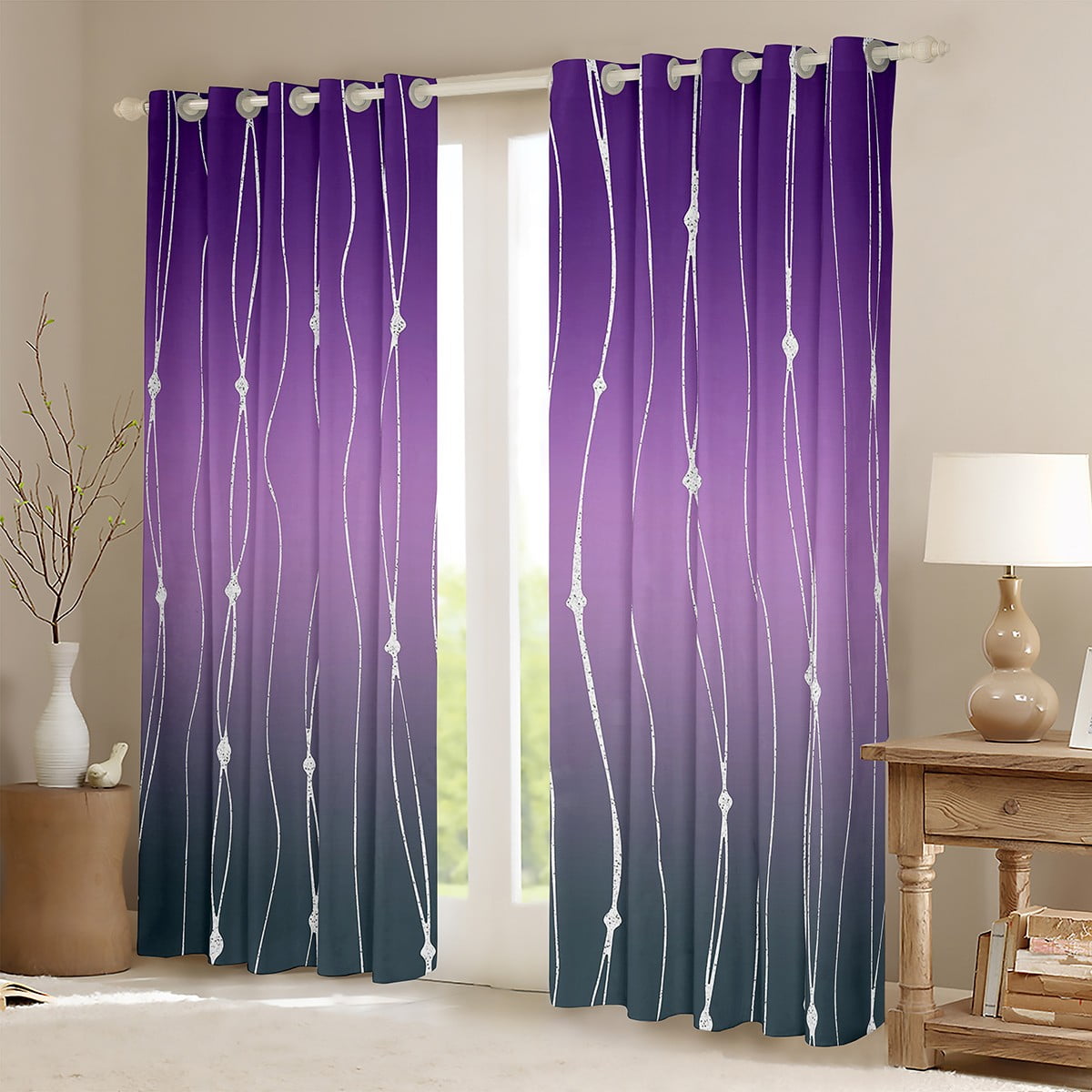 YST Grey and Purple Watercolor Curtains & Drapes Wave Lines and Dots