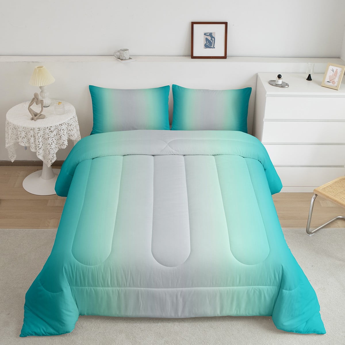 YST Greyish White and Teal Comforter Set Queen for Girls Boys Kids,Rainbow Ombre Bedding Set