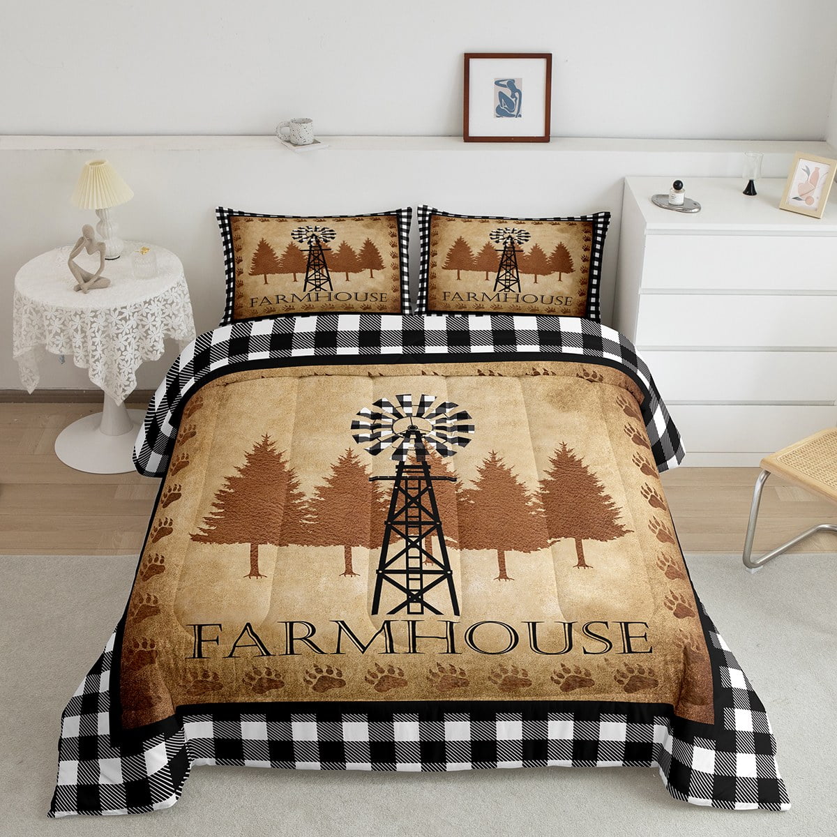 YST Grid Windmill Comforter Full Black White Buffalo Plaid Bedding Set