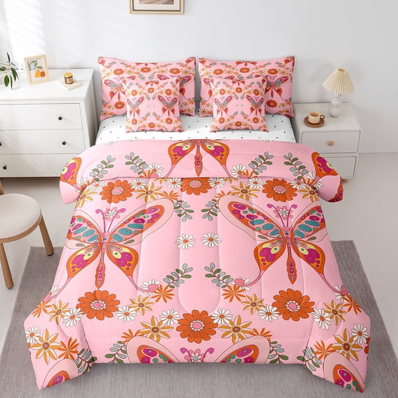 Erosebridal Groovy Butterfly Bed in A Bag 60s 70s Vintage Flower Comforter Set Queen Farmhouse Butterflies Floral Bedding Set Bohemia Party Decor Reversible Bed Sets 7 Piece