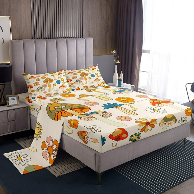 YST Groovy Flower Bed Sheets Set Full 1960S 1970S Vintage Floral Bedding for Kids Girls Boys Hippie Funky Mushroom Sheet Set Cartoon Boho Daisy