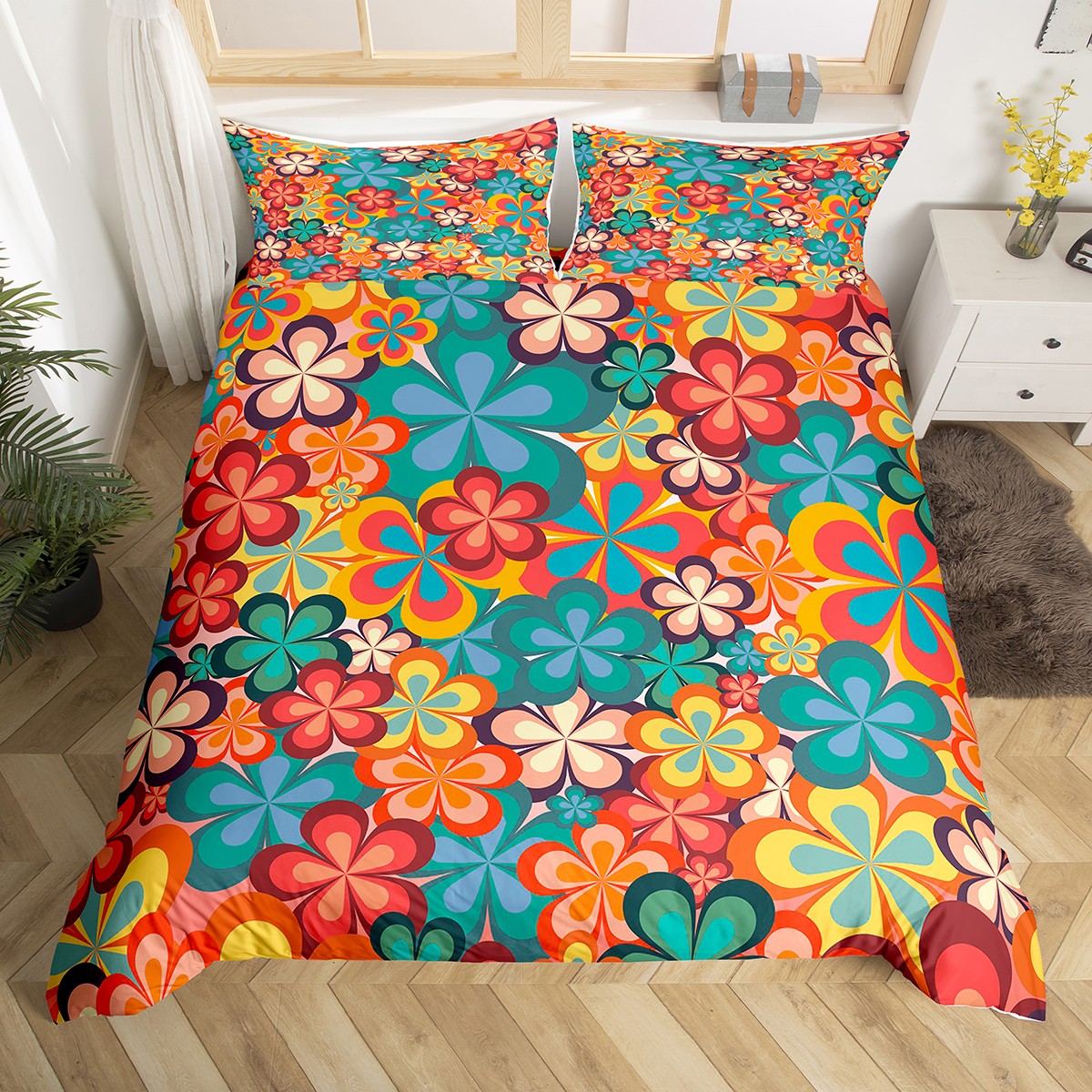 YST Groovy Flower Comforter Cover 70s Party Bed Sets Rainbow Floral Duvet Cover King Boho Hippie Bedding Set Vintage Retro Party Bed Cover with Zipper Closure for Girl Woman Microfiber 3pcs