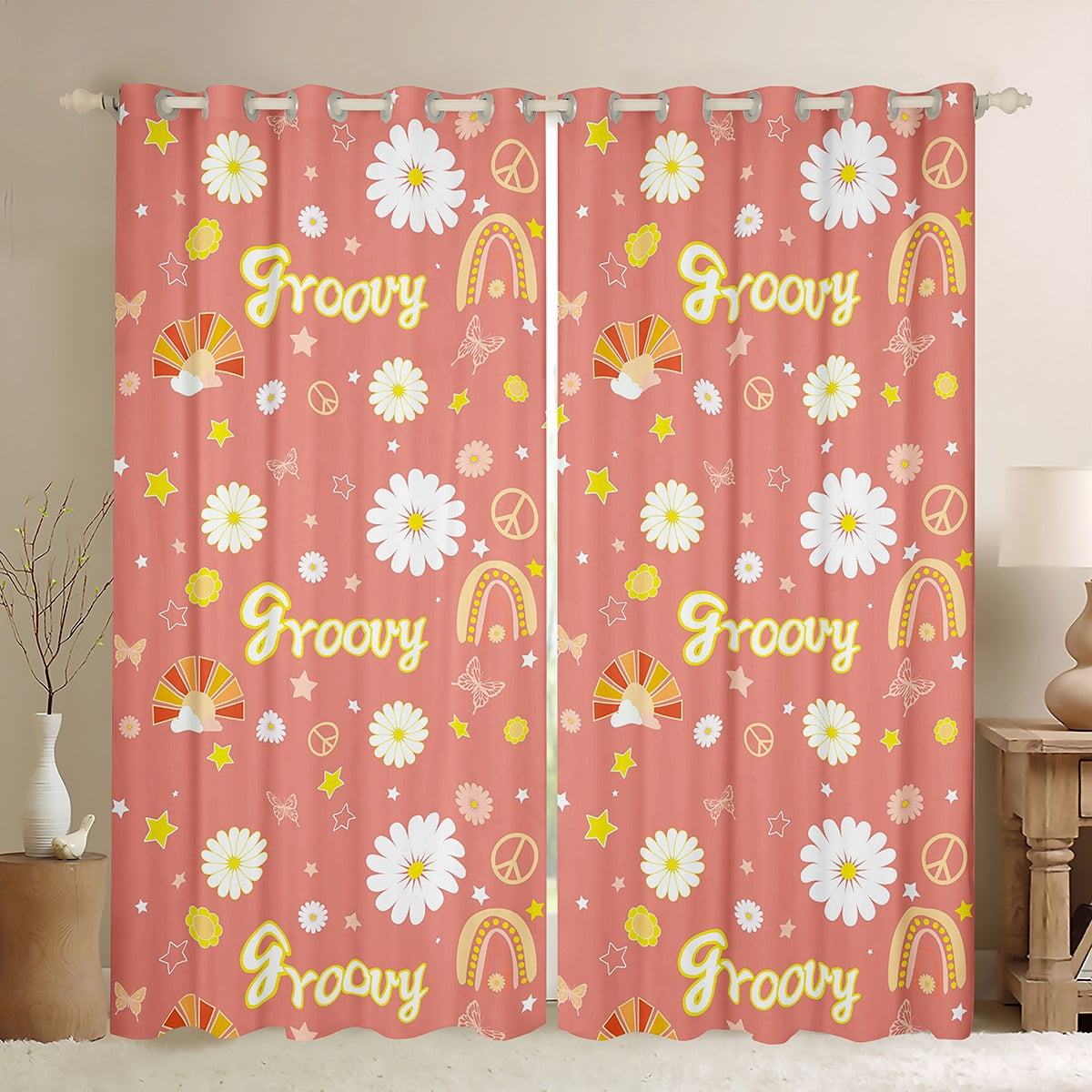 Erosebridal Groovy Flower Curtains, 80S 90S Vintage Floral Blackout Curtains Women Adult Bedroom ...