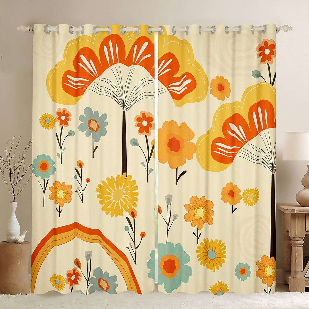 Blackout Nursery Curtains Retro 60S 70S Design Grommet Short Door Sound