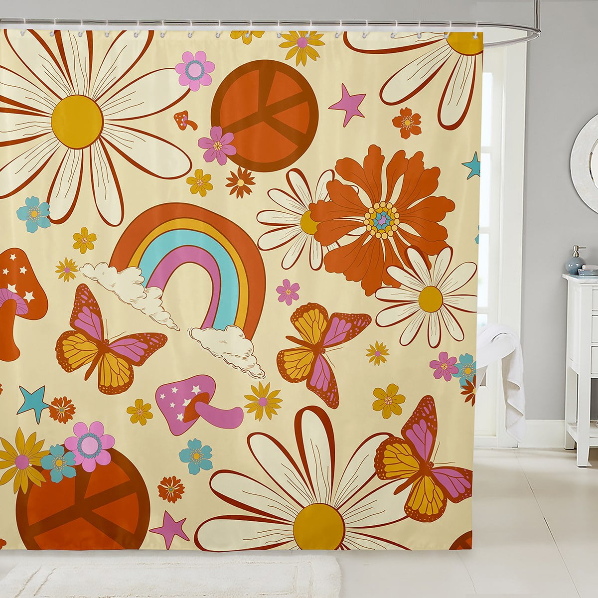 Groovy Flower Shower Curtain, 60S 70S Hippie Flower Bath Curtain 72" W ...