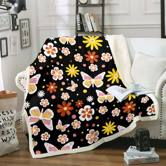 Groovy Flower Throw Blanket, 60S 70S Hippie Flower Fleece Blanket Floral Butterfly Sherpa Blanket 40"X50" Adult Women Bedroom, Vintage Psychedelic Floral Flannel Blanket