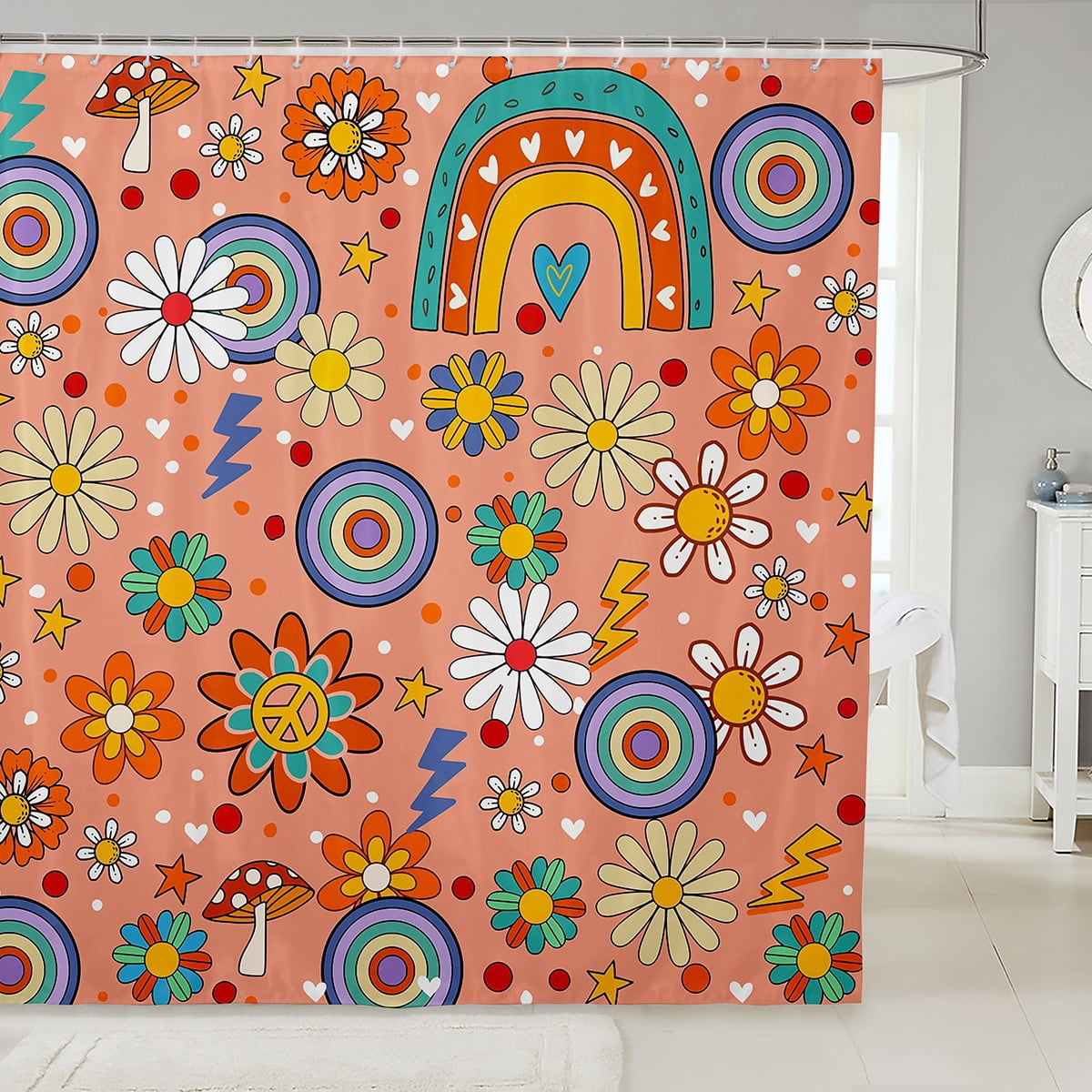 YST Groovy Flowers Bathroom Shower Curtain Sets, 70S Retro Floral ...