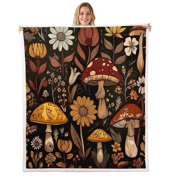 Groovy Flowers Sherpa Blanket Queen Size, 70S Retro Floral Throw Blanket 80S 90S Hippie Flower Fleece Blanket Vintage Boho Psychedelic Mushrooms Fuzzy Blanket Decorative Sofa Couch